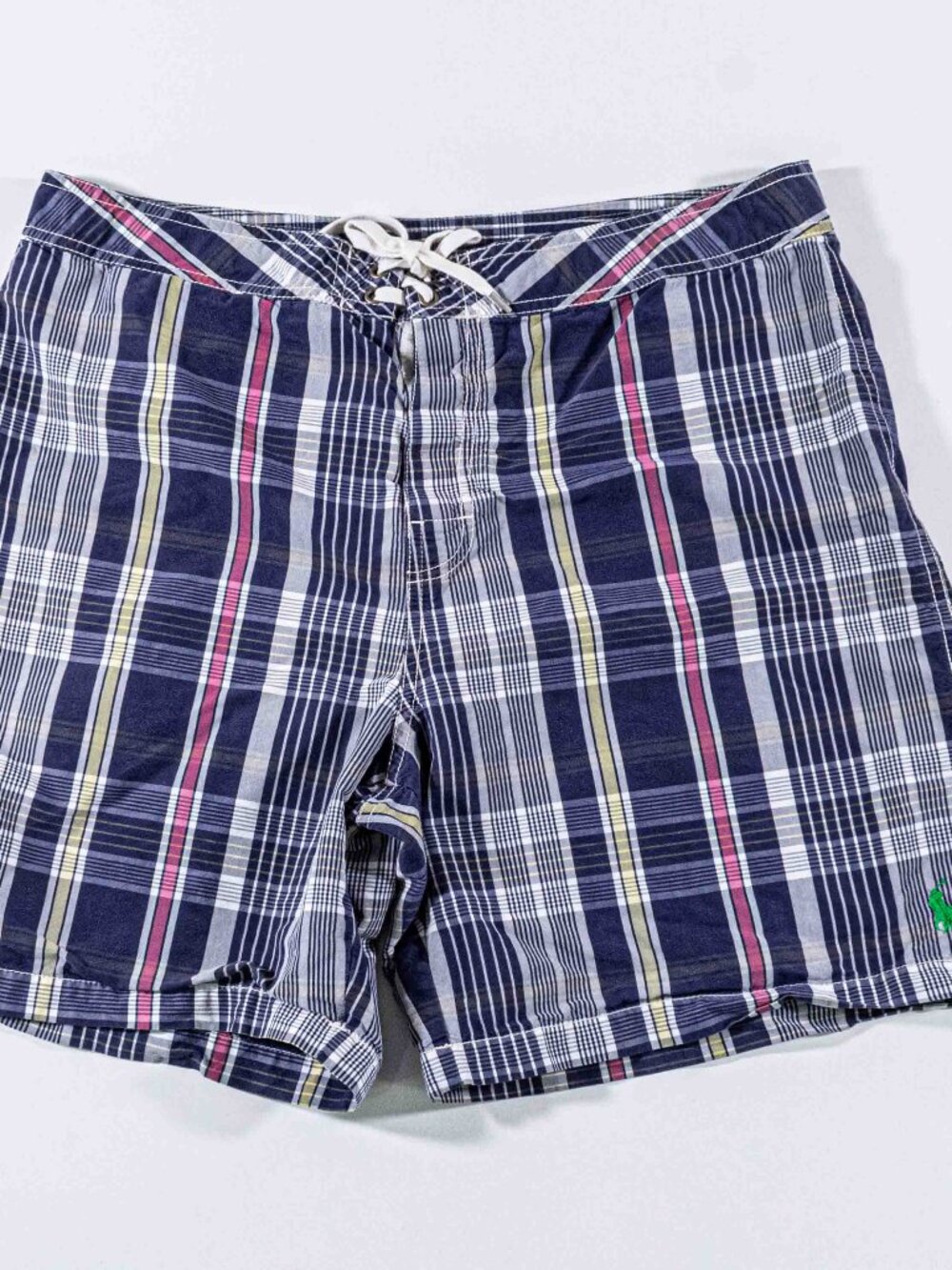 Vintage Polo Ralph Lauren Plaid Board Shorts 34 Pony Logo Swim Trunks Blue